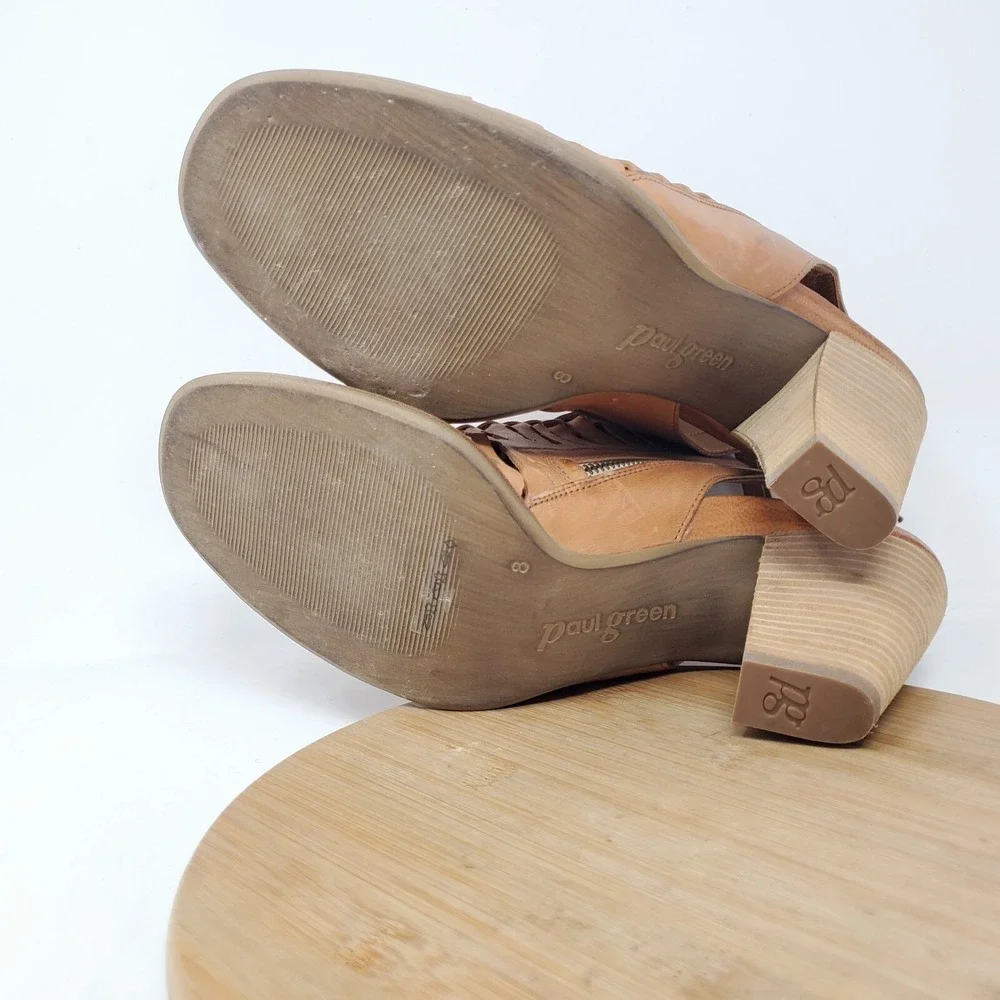 Paul Green Rosa Ankle Booties Womens 10.5 Brown Leather Woven Open Back Shoes‎